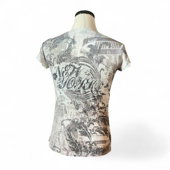 Y2K Jay Joshua New York Graphic Print T Shirt White Black Rhinestone Embellished - Picture 2 of 7